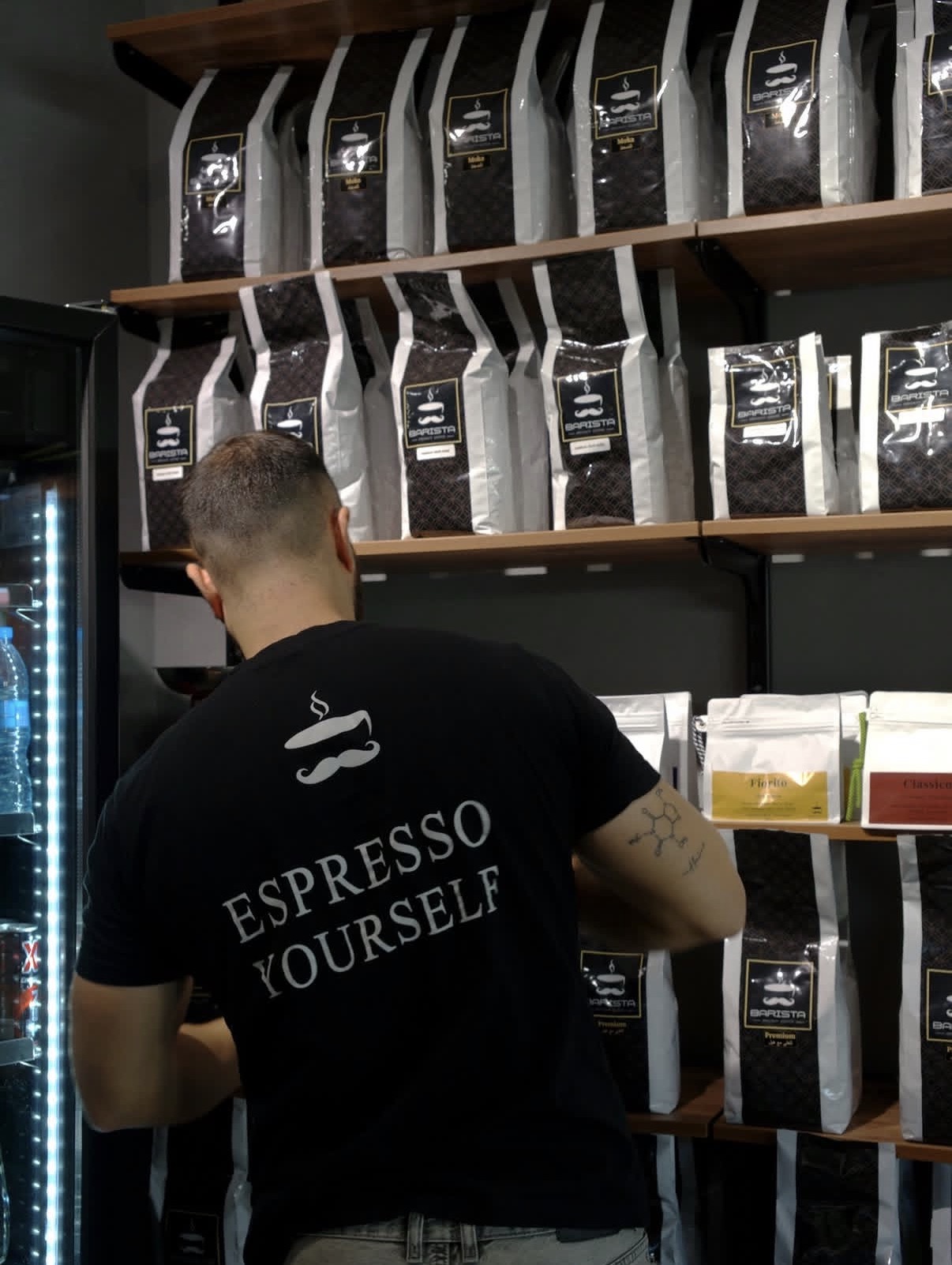 Shelves of freshly roasted Barista coffee bags